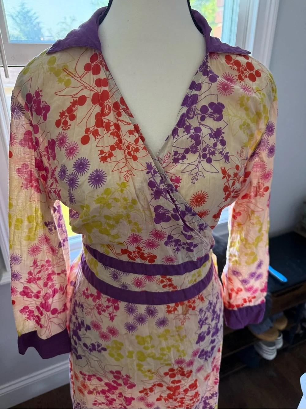 Karma living Vintage Floral Wrap Midi Dress in Purple and Multi-Color Size Mediu